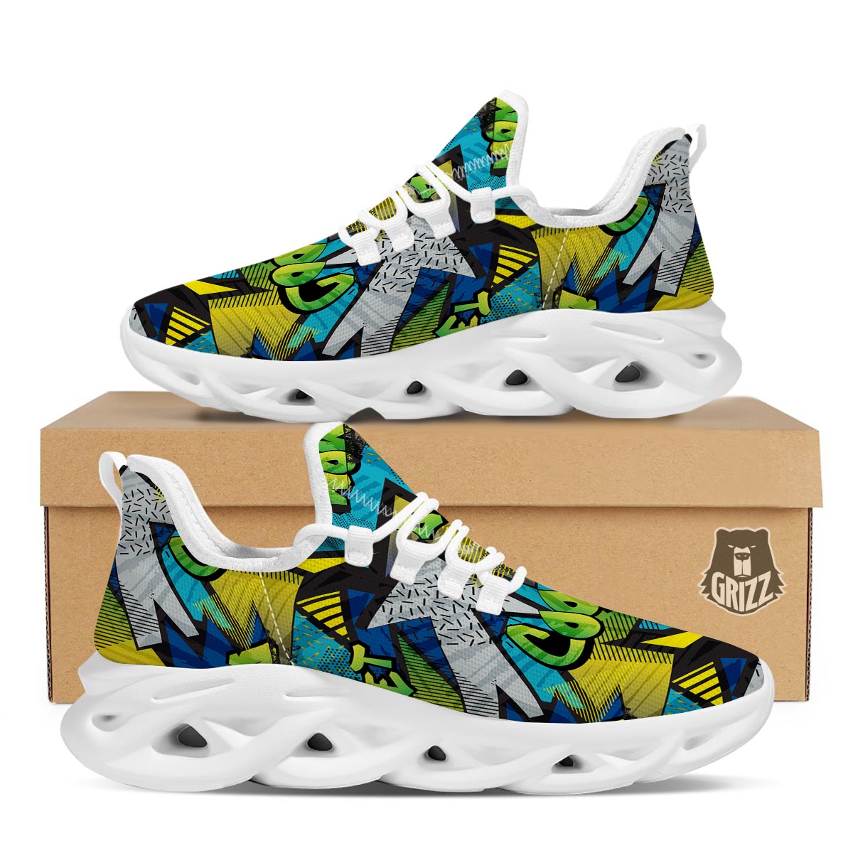 Abstract Graffiti Print White Running Shoes-grizzshop