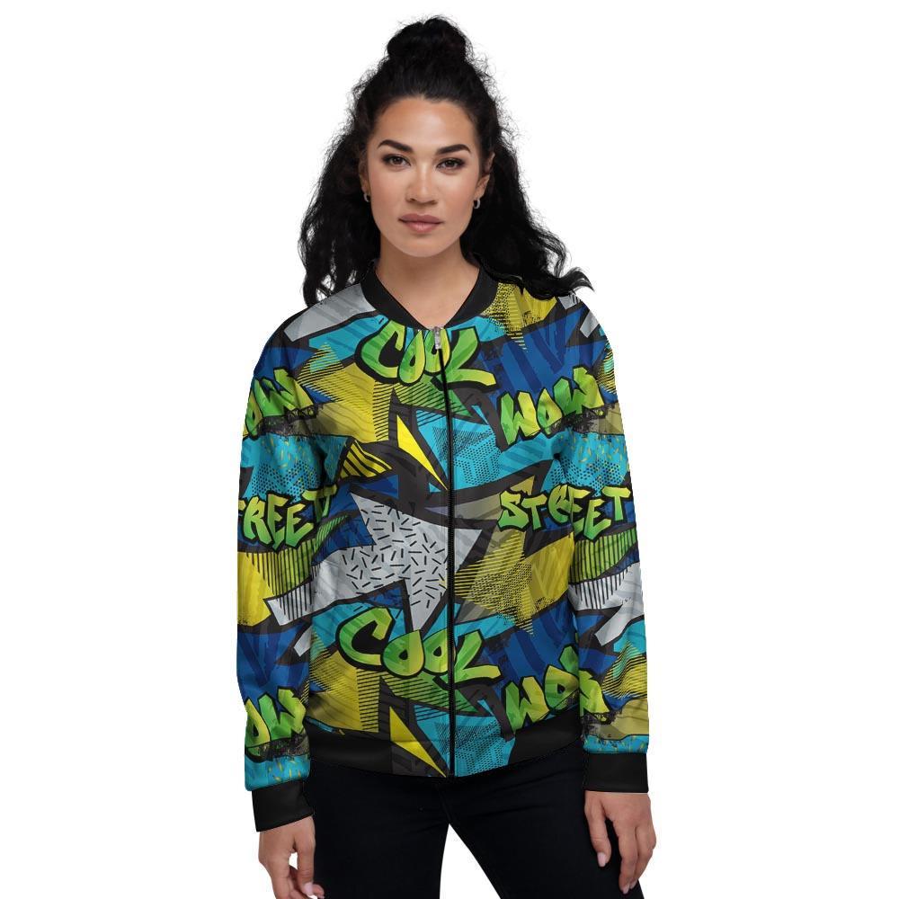 Abstract Graffiti Print Women's Bomber Jacket-grizzshop