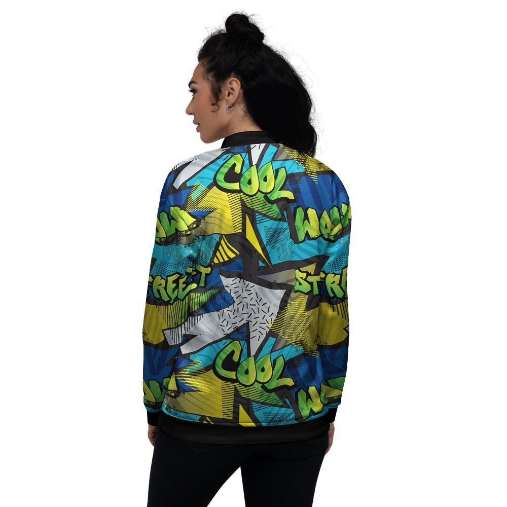 Abstract Graffiti Print Women's Bomber Jacket-grizzshop