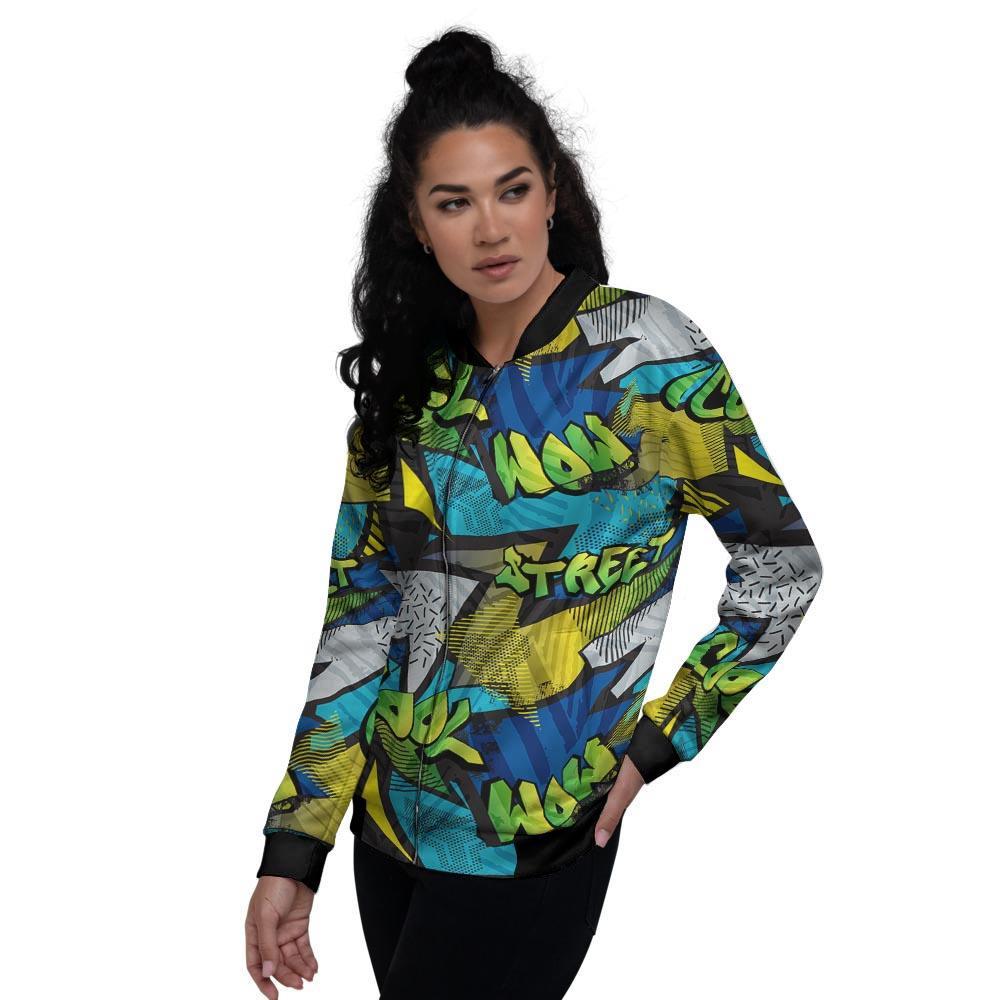 Abstract Graffiti Print Women's Bomber Jacket-grizzshop