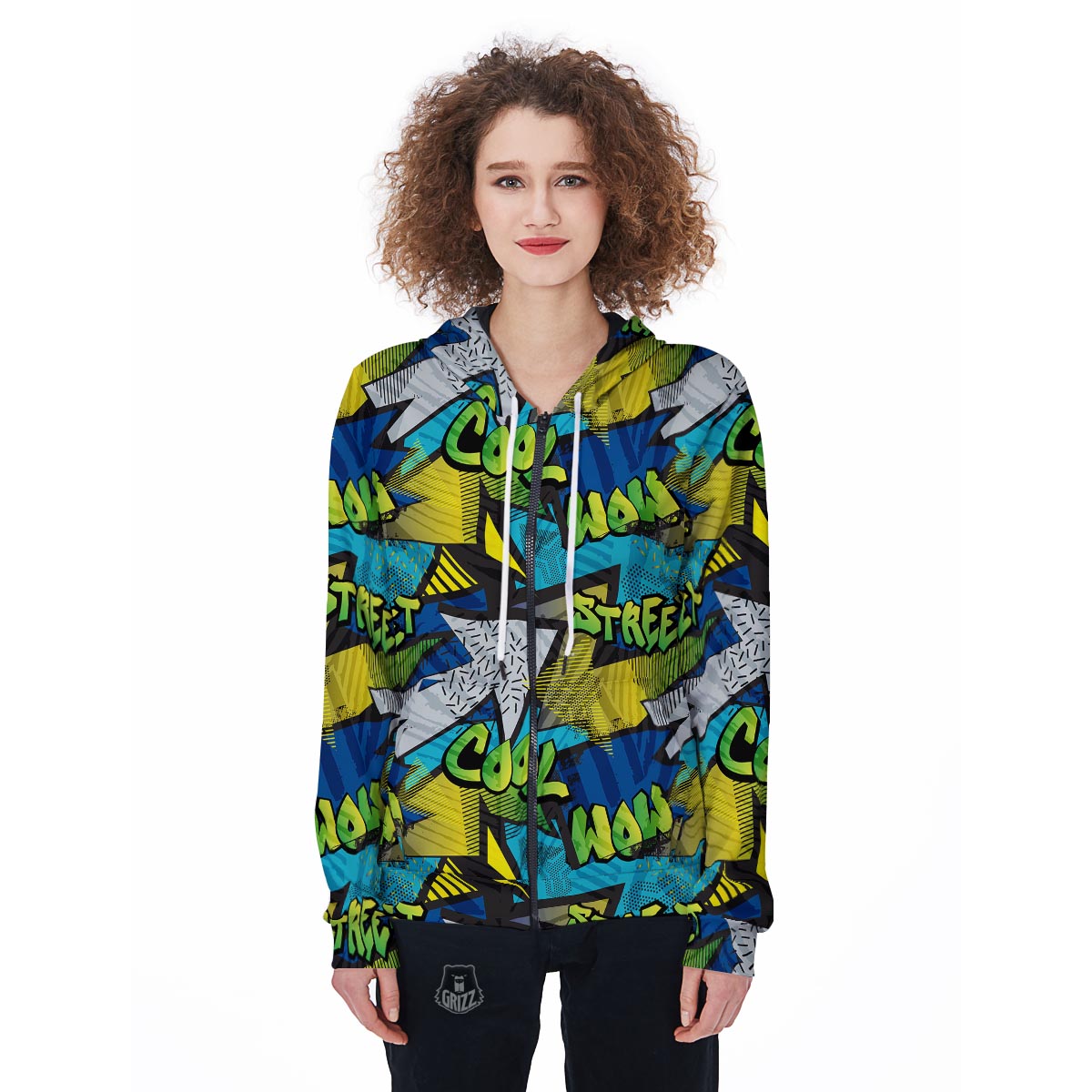 Abstract Graffiti Print Women's Zip Up Hoodie-grizzshop