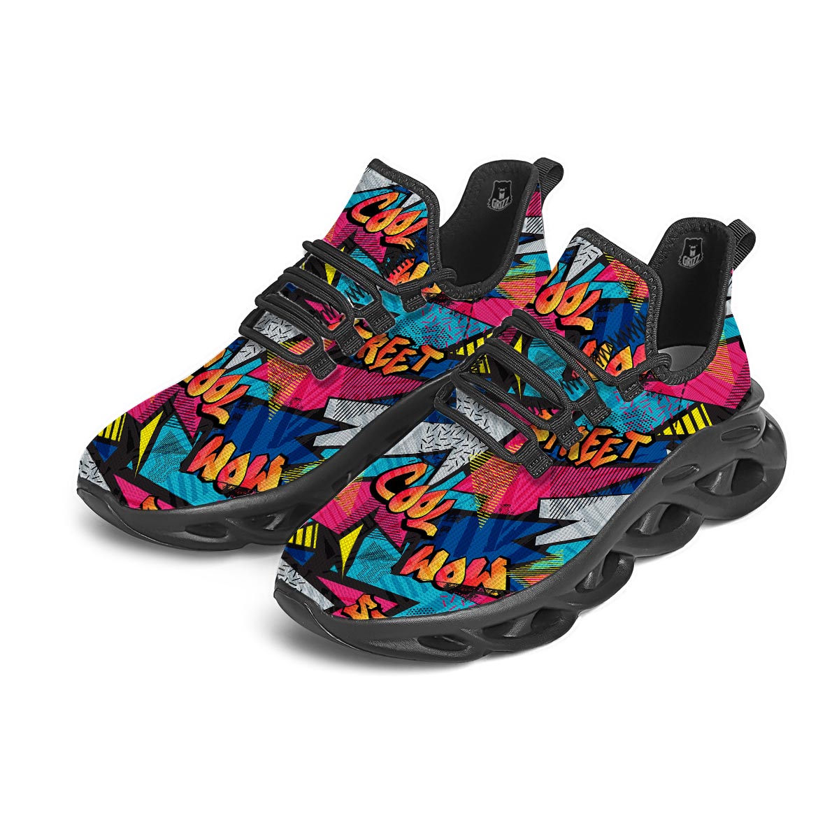 Abstract Graffiti Wow Print Black Running Shoes-grizzshop