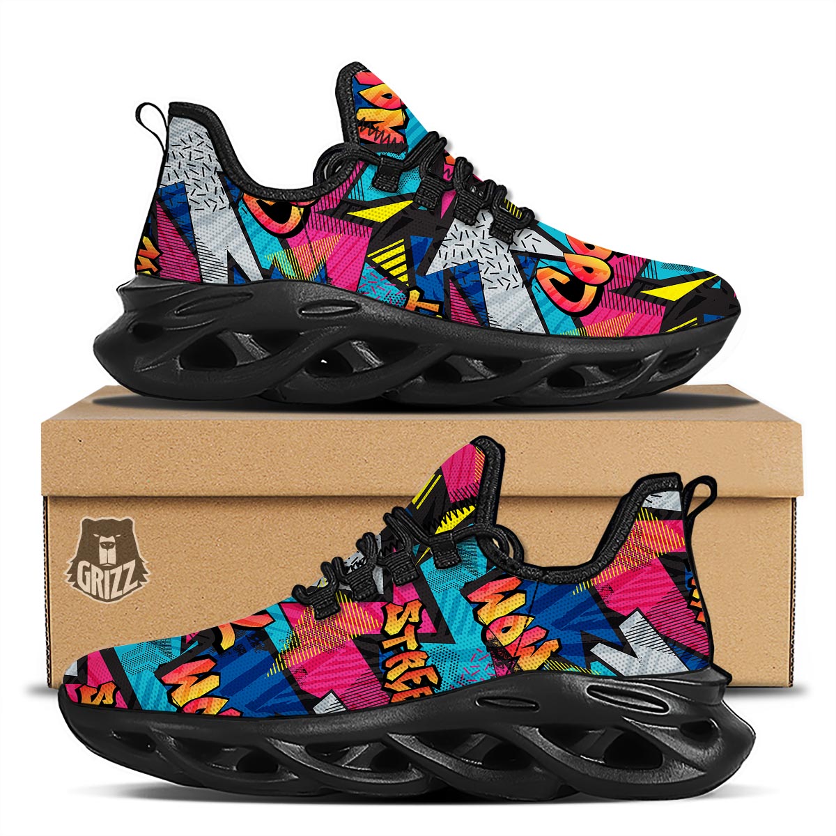 Abstract Graffiti Wow Print Black Running Shoes-grizzshop