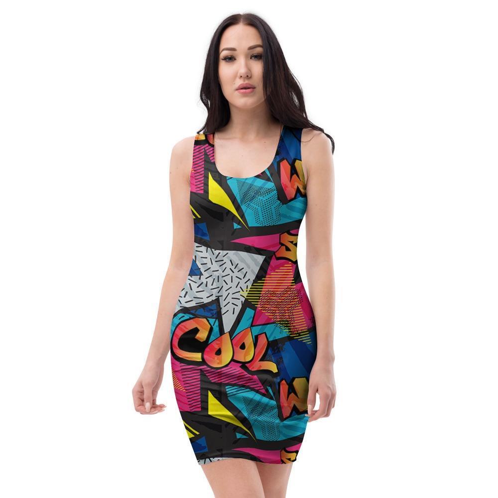 Abstract Graffiti Wow Print Bodycon Dress-grizzshop