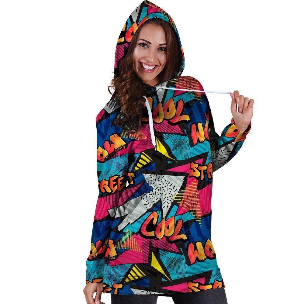 Abstract Graffiti Wow Print Hoodie Dress-grizzshop