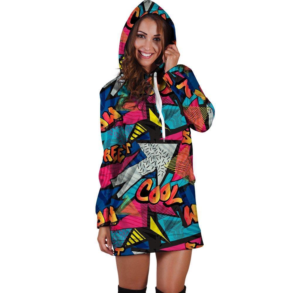 Abstract Graffiti Wow Print Hoodie Dress-grizzshop