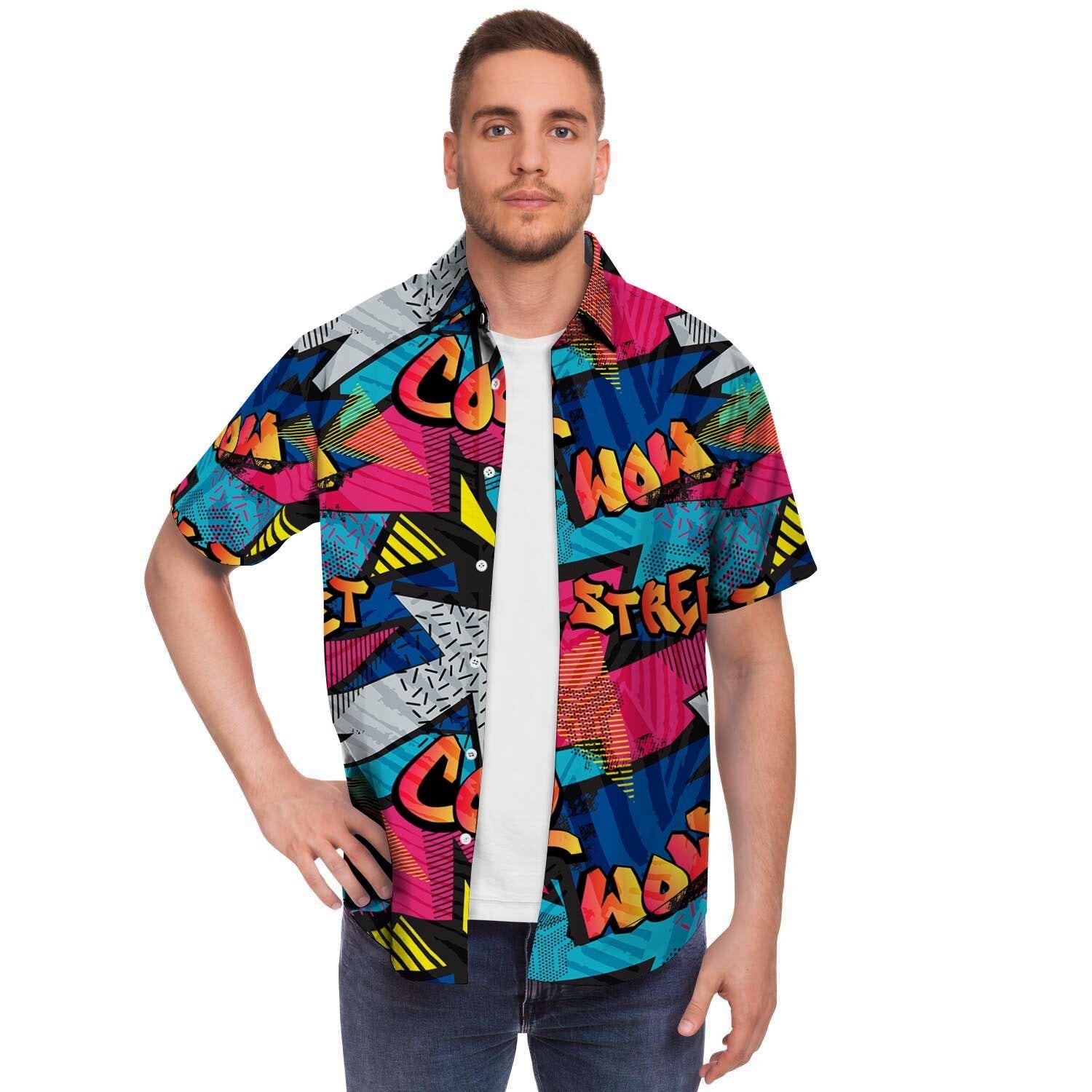 Abstract Graffiti Wow Print Men's Short Sleeve Shirt-grizzshop