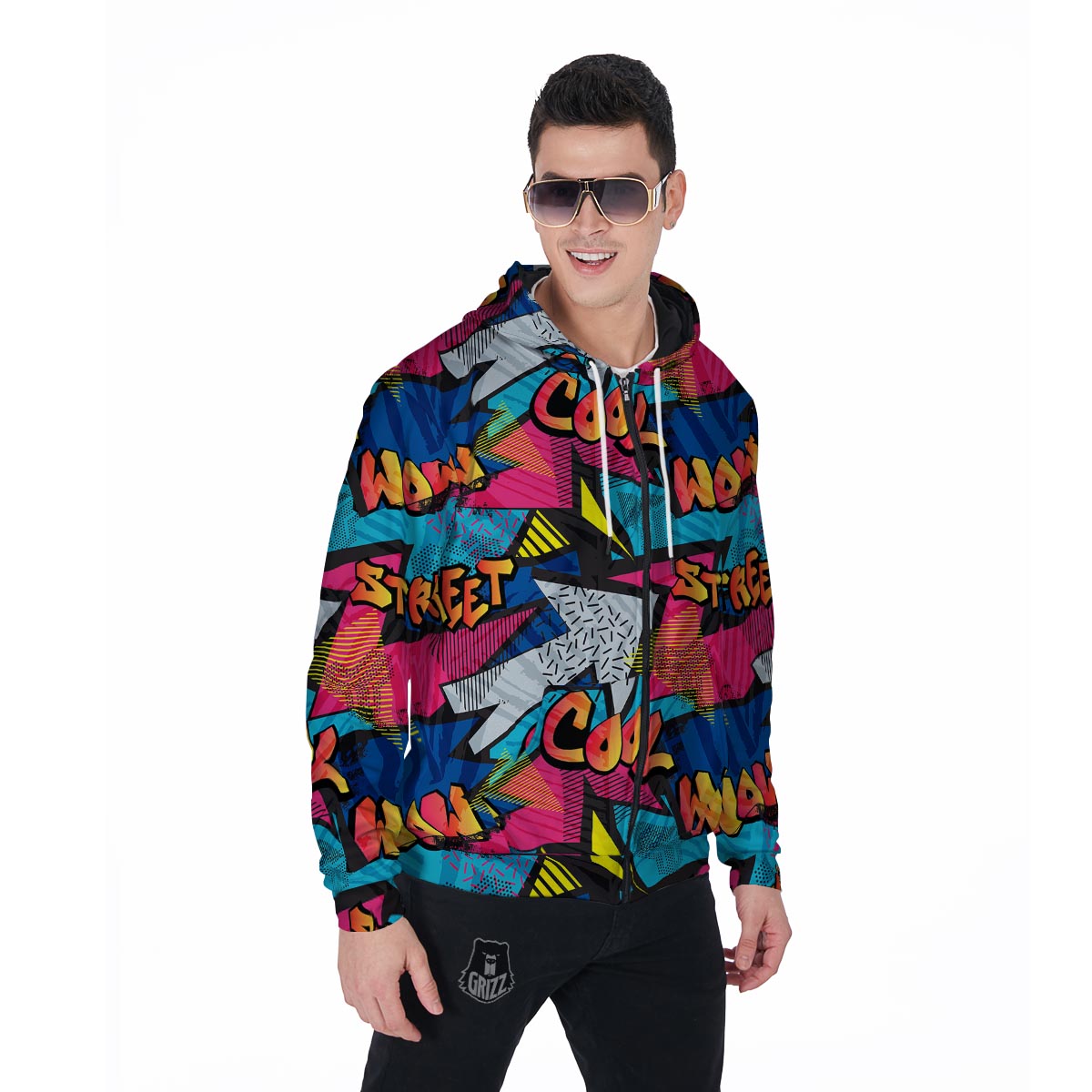 Abstract Graffiti Wow Print Men's Zip Up Hoodie-grizzshop