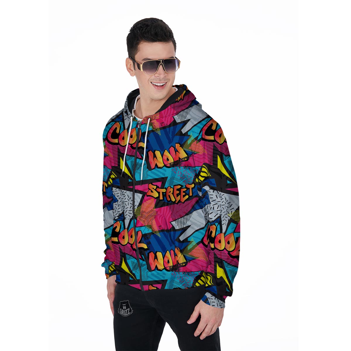 Abstract Graffiti Wow Print Men's Zip Up Hoodie-grizzshop