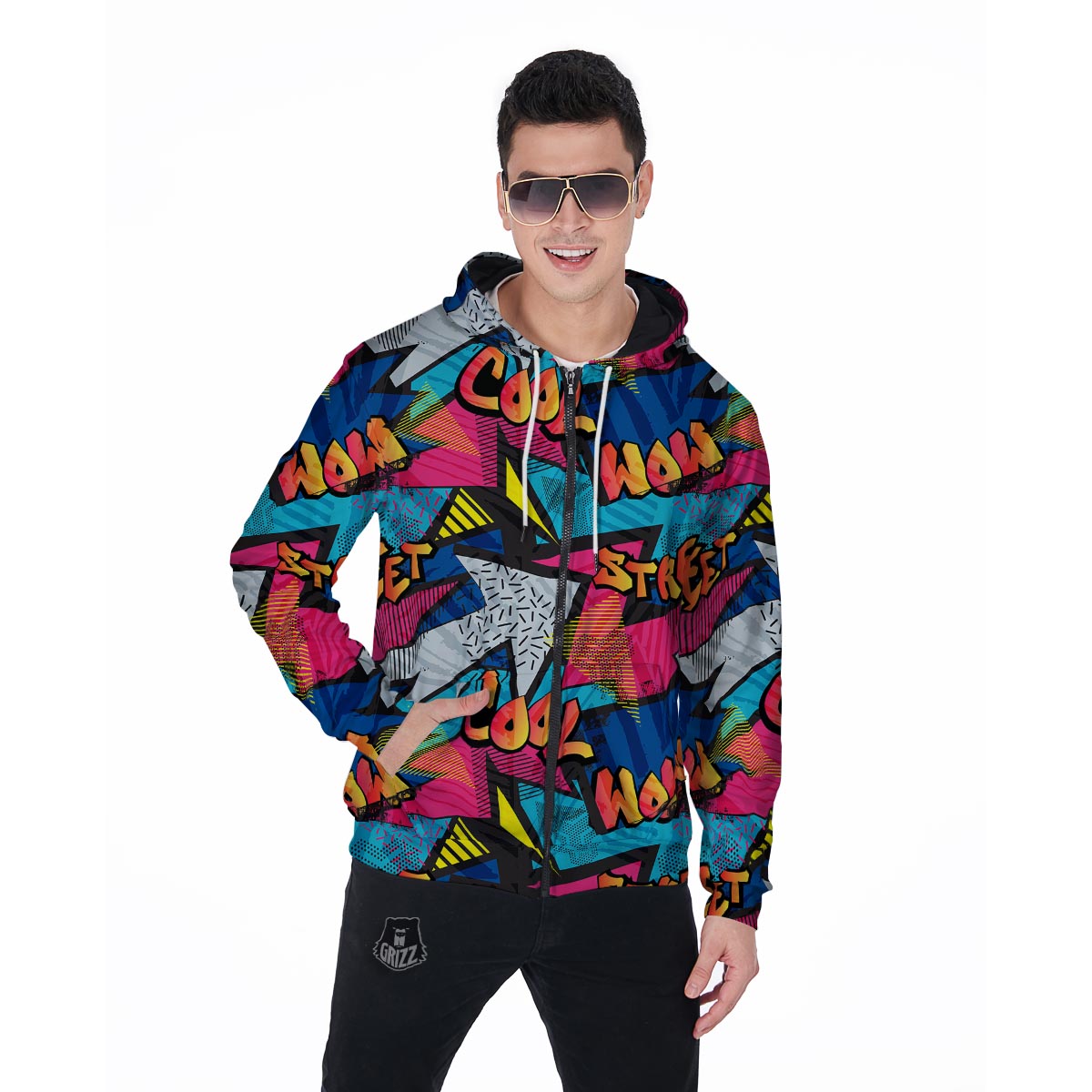 Abstract Graffiti Wow Print Men's Zip Up Hoodie-grizzshop