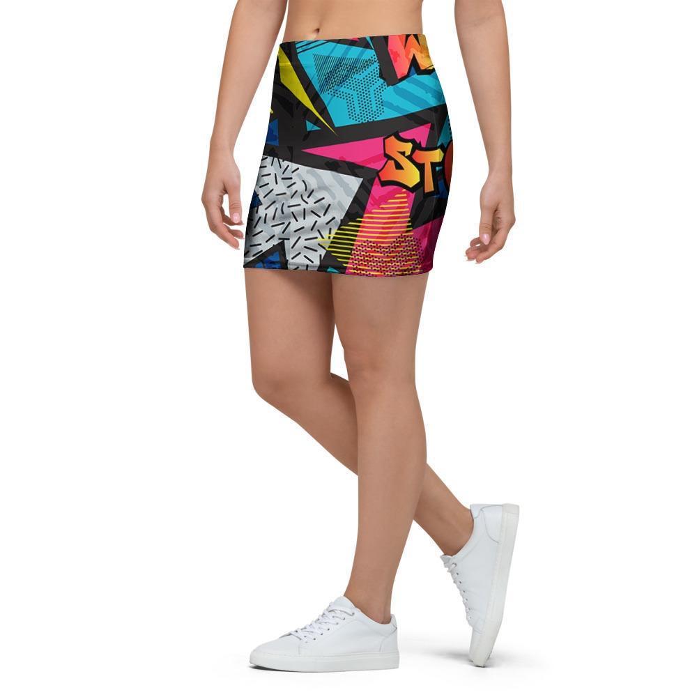 Abstract Graffiti Wow Print Mini Skirt-grizzshop