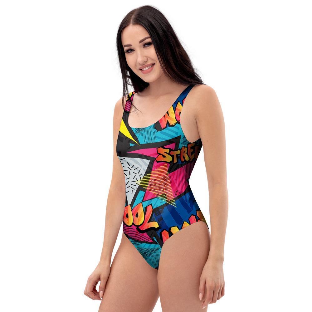 Abstract Graffiti Wow Print One Piece Swimsuite-grizzshop