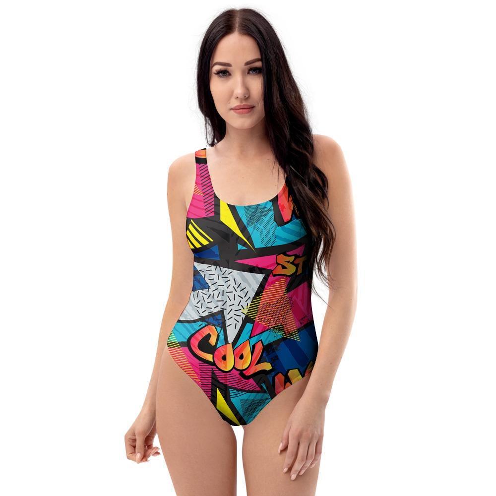 Abstract Graffiti Wow Print One Piece Swimsuite-grizzshop