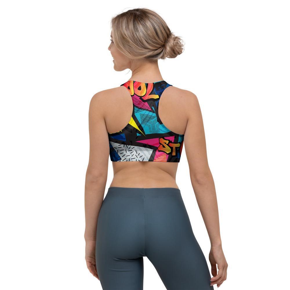 Abstract Graffiti Wow Print Sports Bra-grizzshop