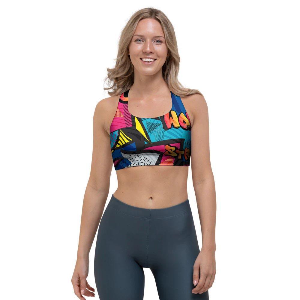 Abstract Graffiti Wow Print Sports Bra-grizzshop