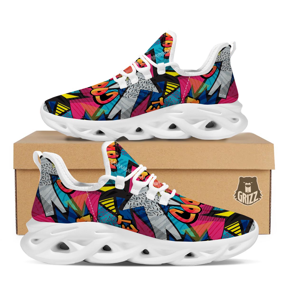 Abstract Graffiti Wow Print White Running Shoes-grizzshop