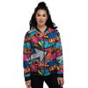 Abstract Graffiti Wow Print Women's Bomber Jacket-grizzshop