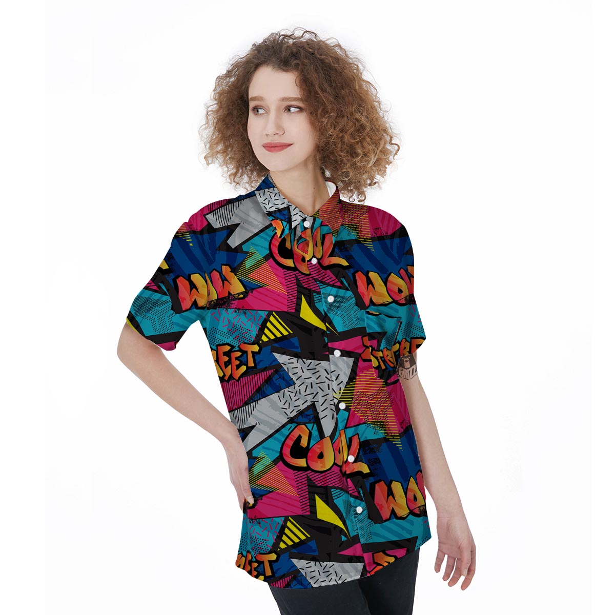 Abstract Graffiti Wow Print Women's Short Sleeve Shirts-grizzshop