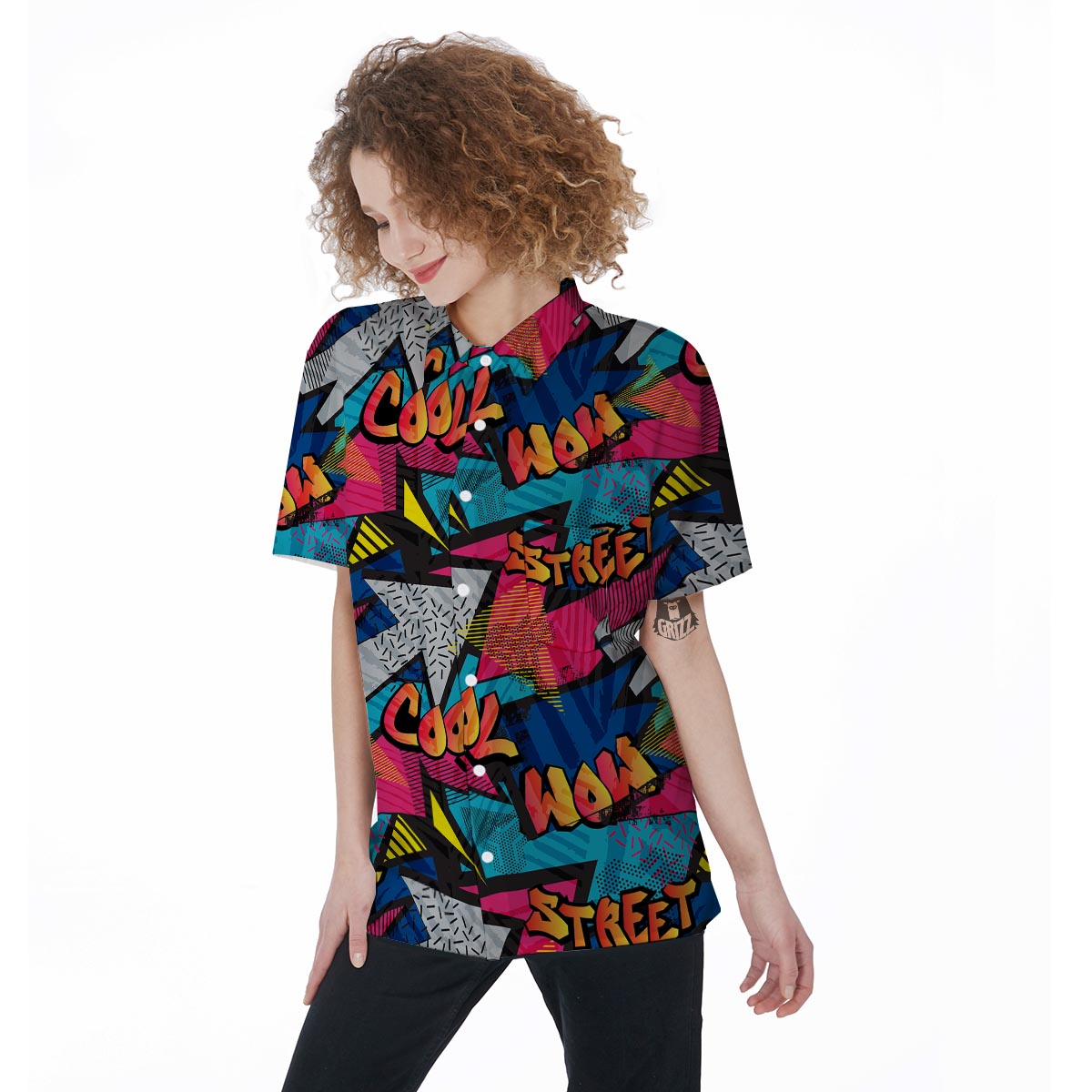 Abstract Graffiti Wow Print Women's Short Sleeve Shirts-grizzshop