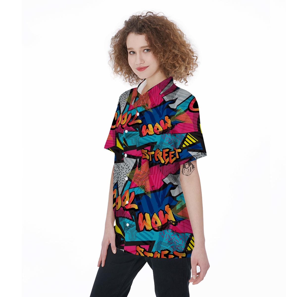 Abstract Graffiti Wow Print Women's Short Sleeve Shirts-grizzshop