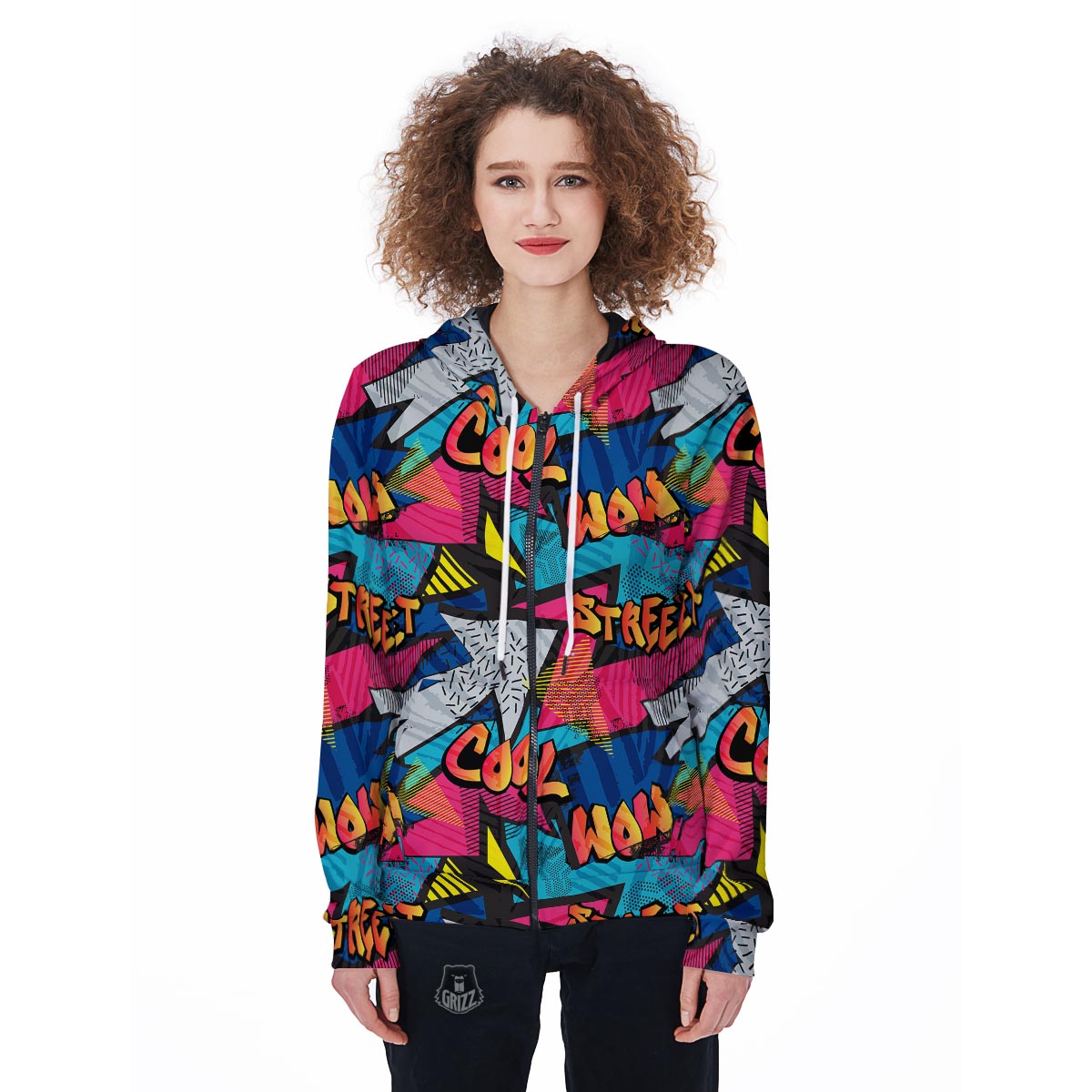 Abstract Graffiti Wow Print Women's Zip Up Hoodie-grizzshop