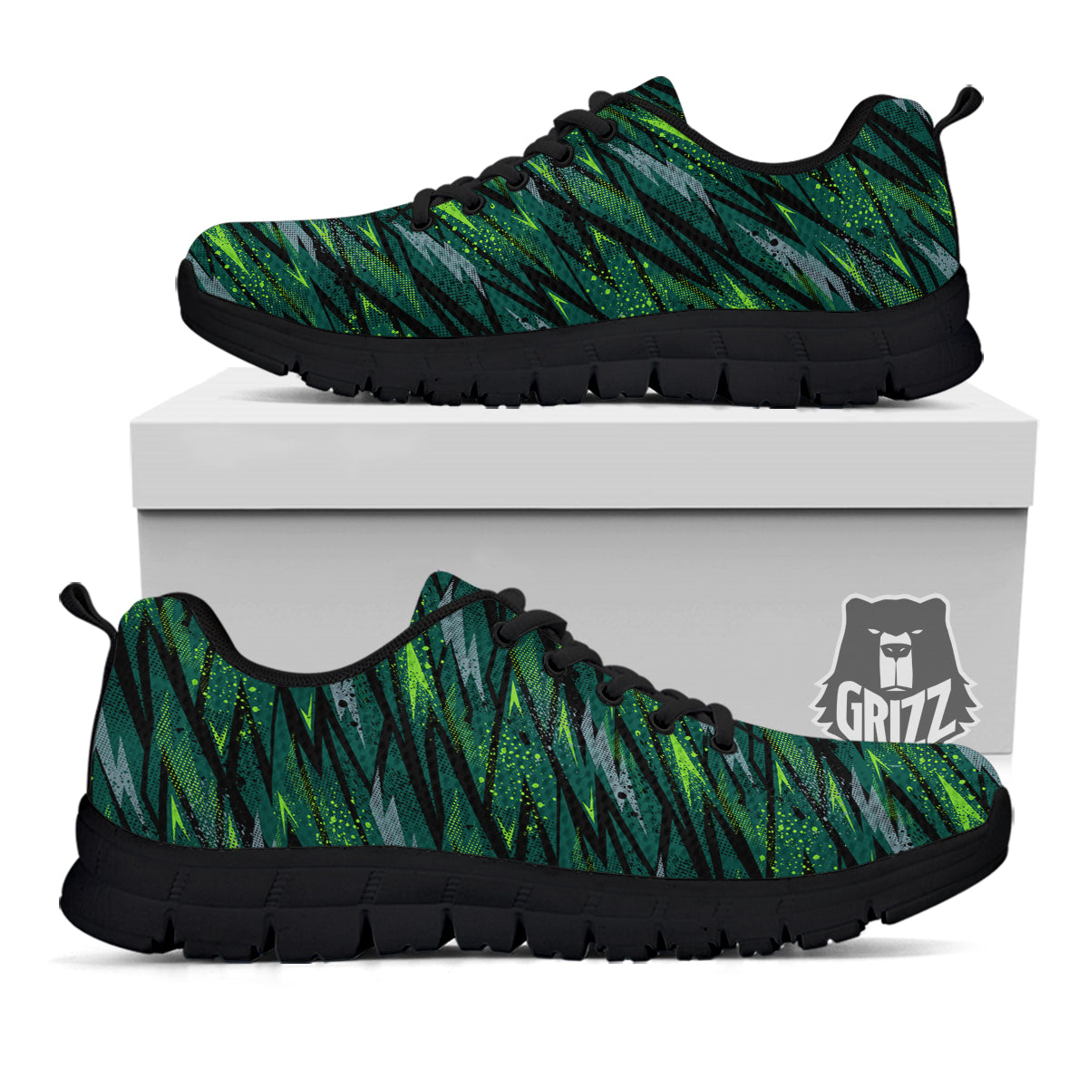 Abstract Green Lightning Print Pattern Black Sneaker-grizzshop