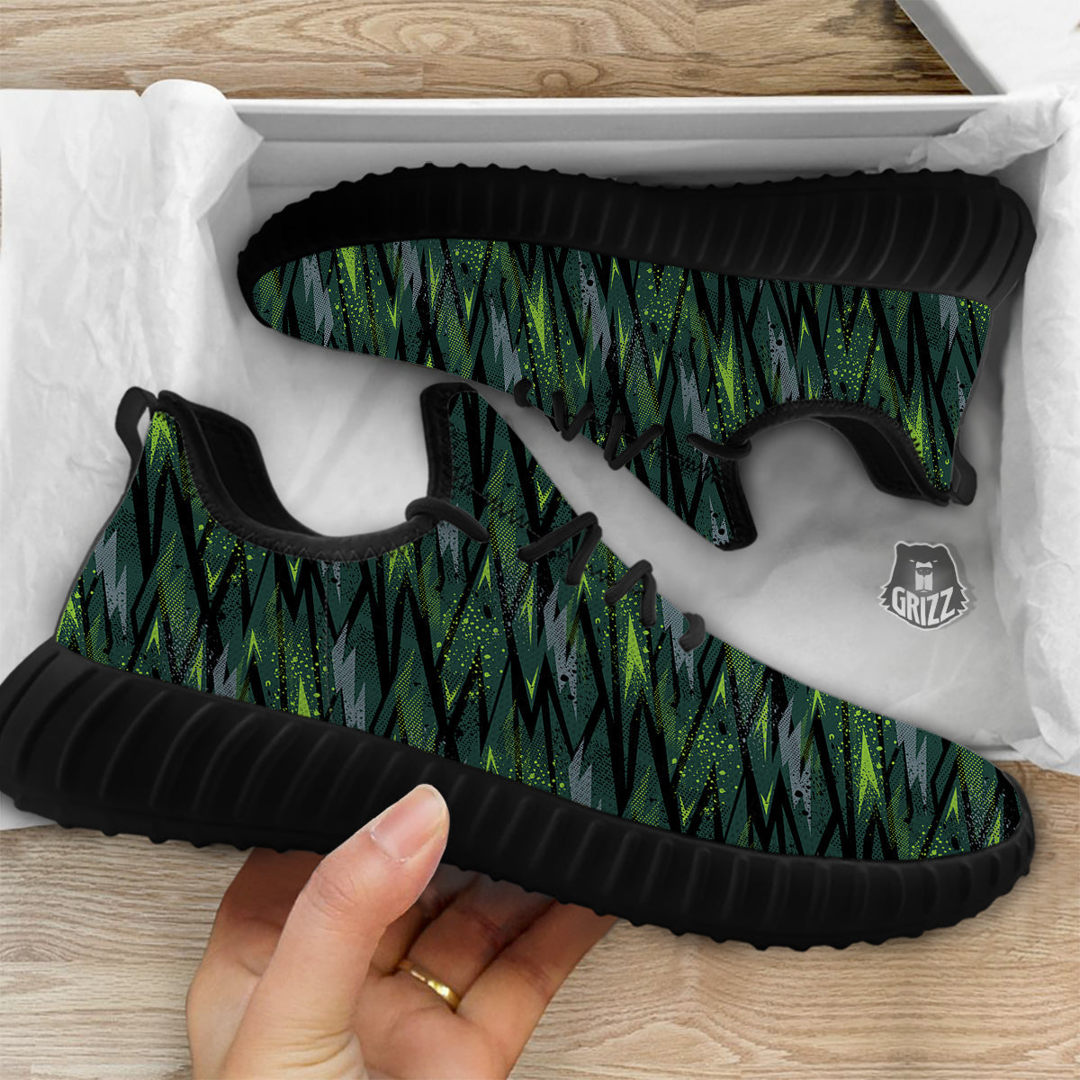 Abstract Green Lightning Print Pattern Black Walking Shoes-grizzshop