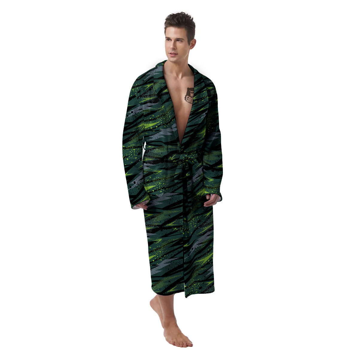 Abstract Green Lightning Print Pattern Men's Robe-grizzshop