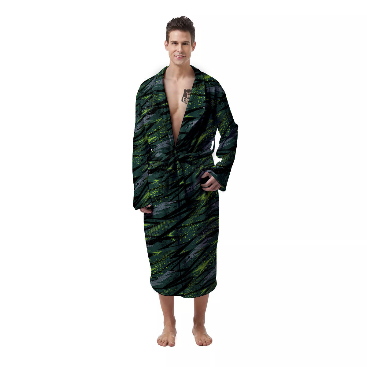 Abstract Green Lightning Print Pattern Men's Robe-grizzshop