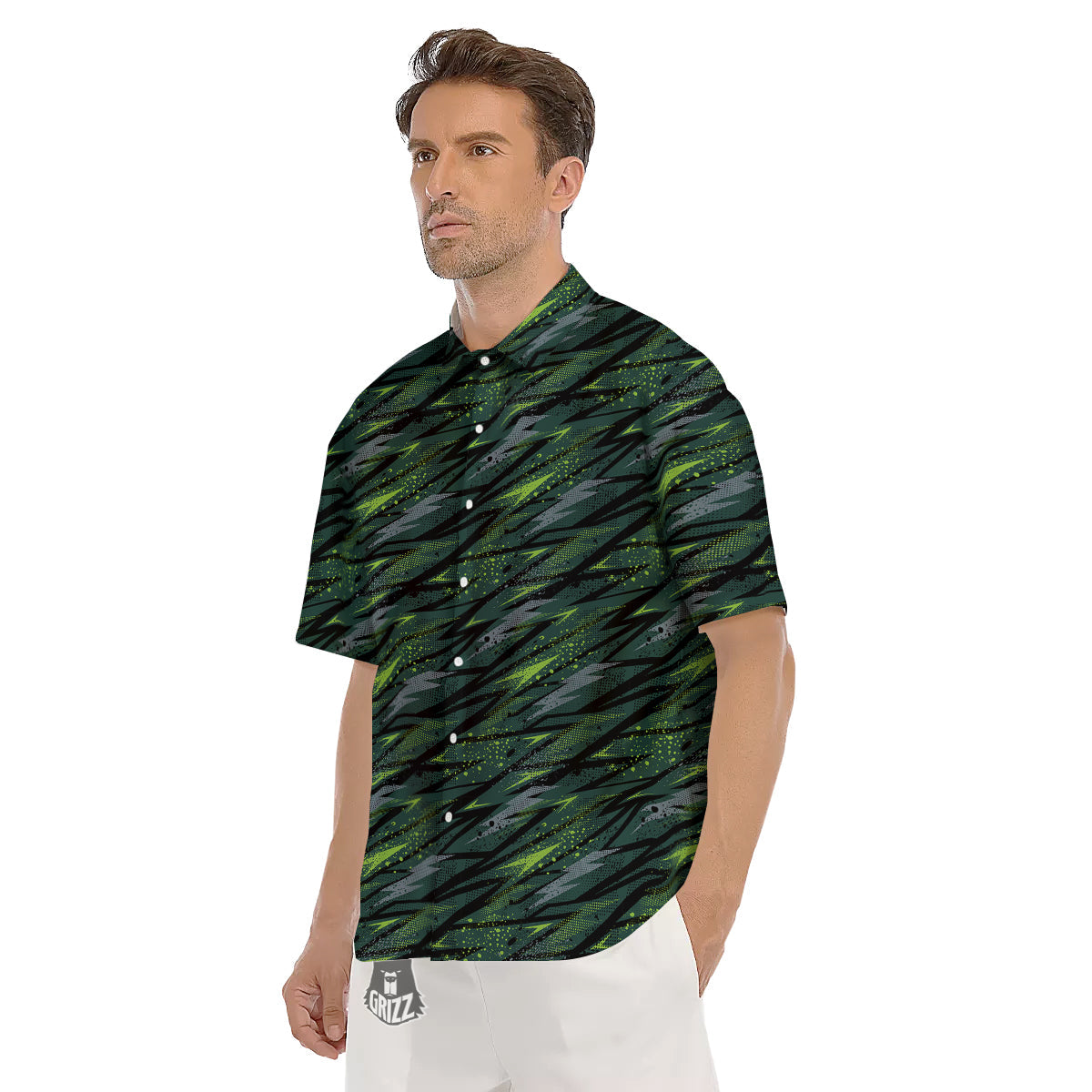 Abstract Green Lightning Print Pattern Men's Short Sleeve Shirts-grizzshop