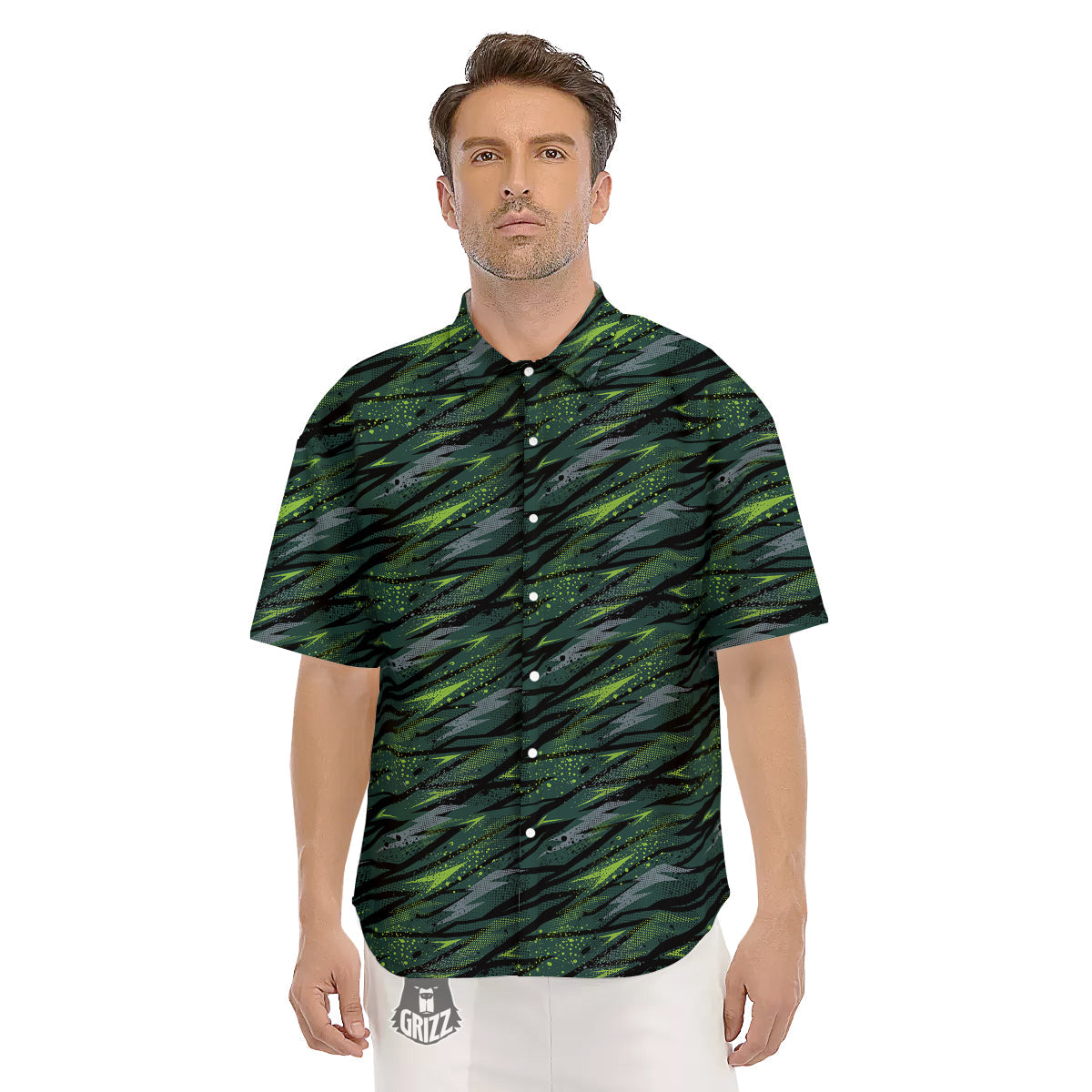 Abstract Green Lightning Print Pattern Men's Short Sleeve Shirts-grizzshop