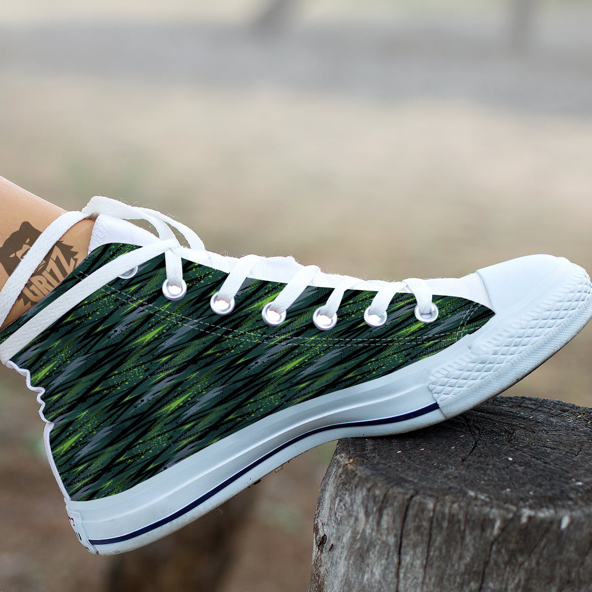 Abstract Green Lightning Print Pattern White High Top Shoes-grizzshop