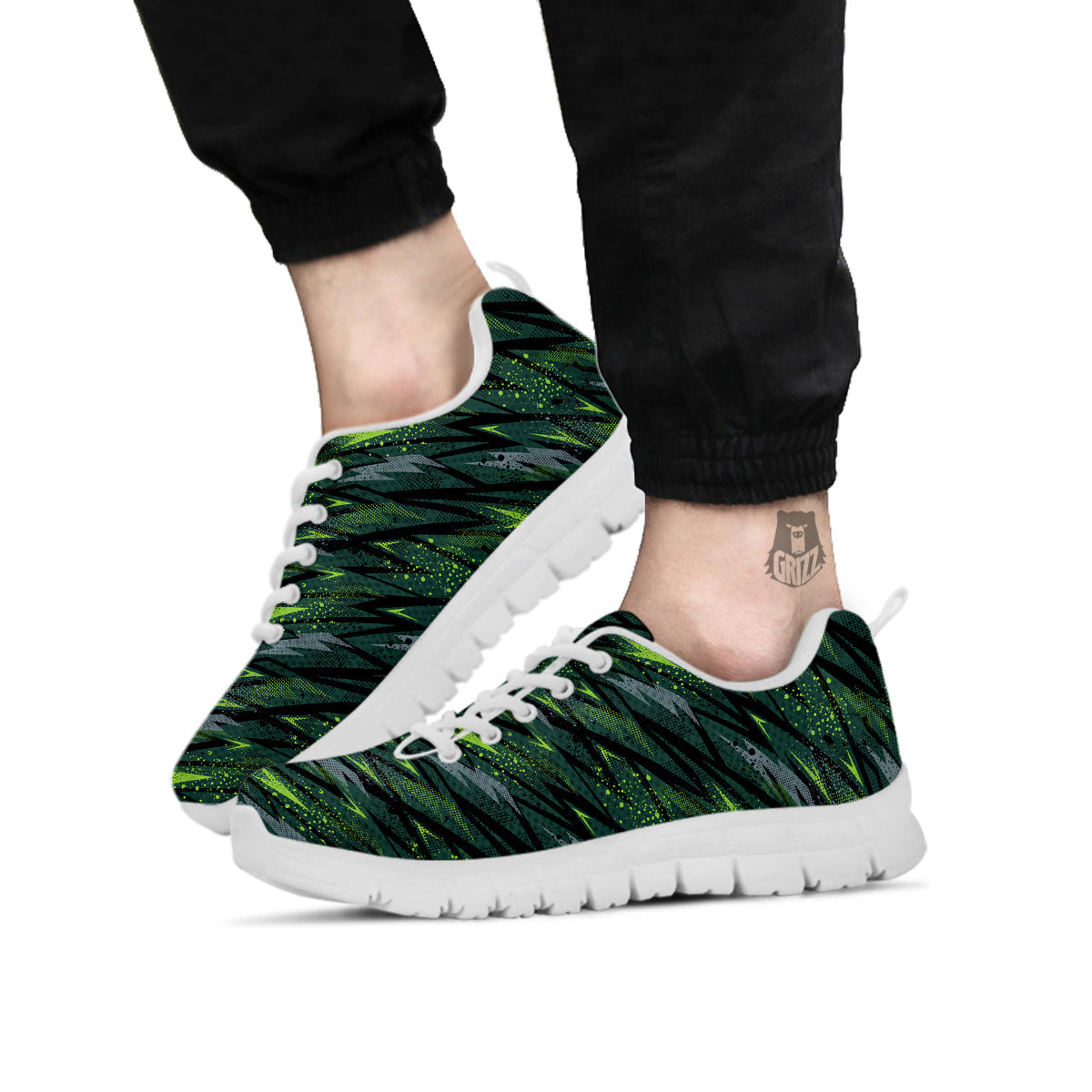 Abstract Green Lightning Print Pattern White Sneaker-grizzshop