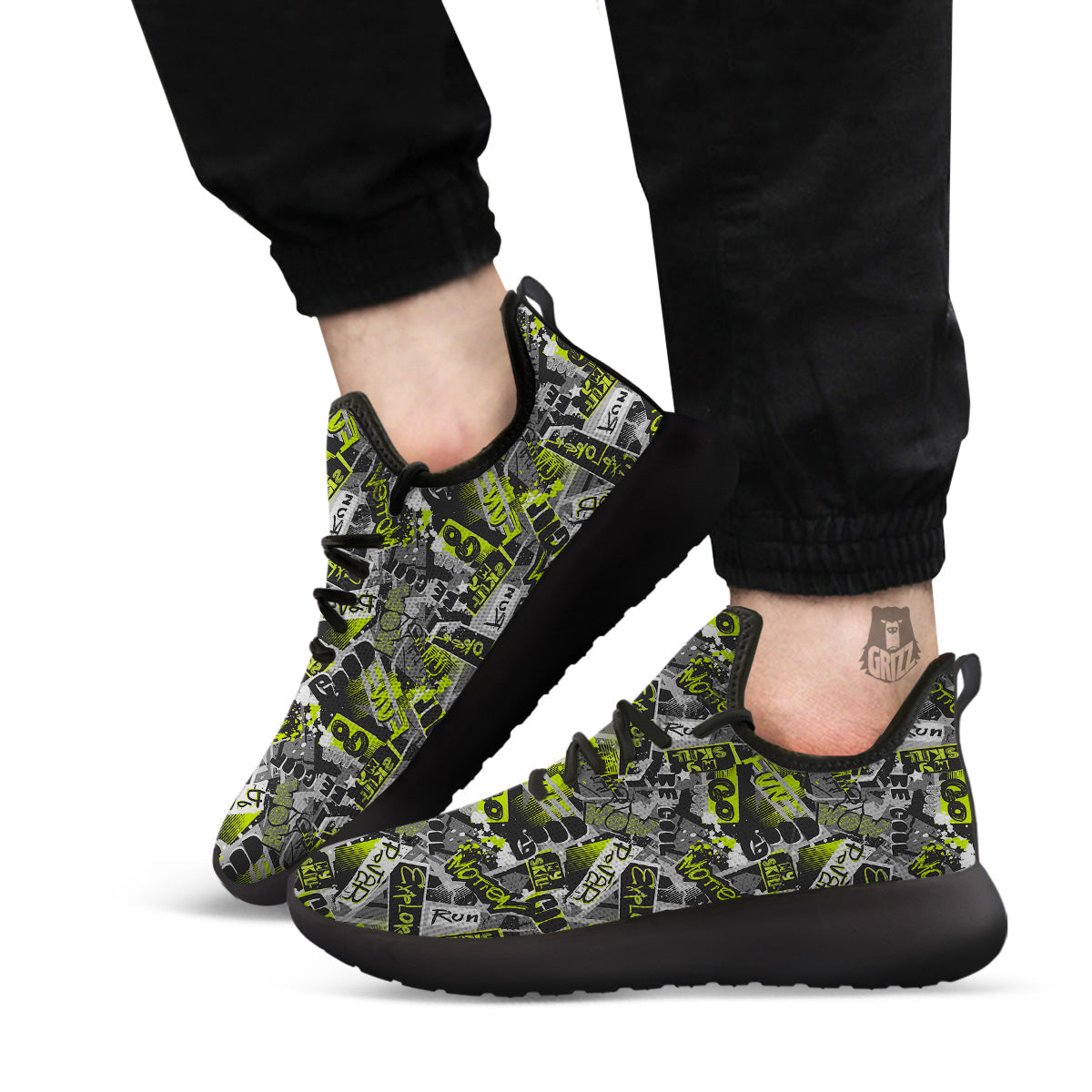 Abstract Grey And Neon Green Graffiti Print Pattern Black Athletic Shoes-grizzshop