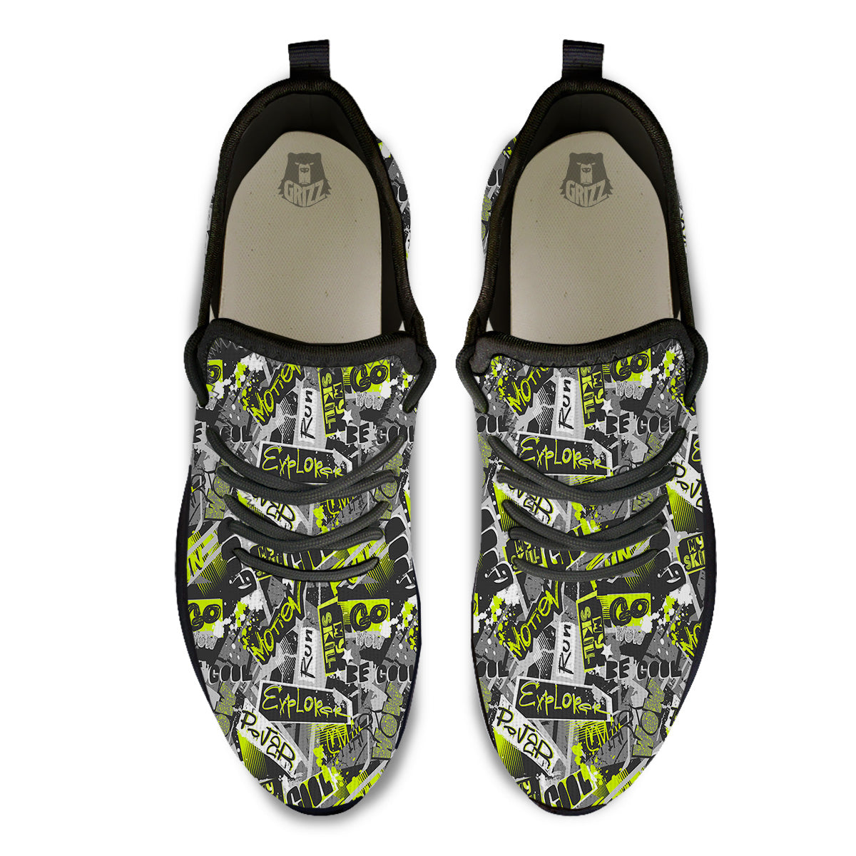 Abstract Grey And Neon Green Graffiti Print Pattern Black Athletic Shoes-grizzshop