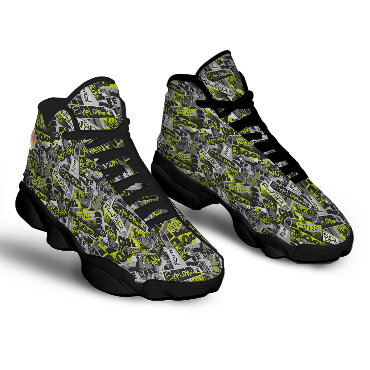 Abstract Grey And Neon Green Graffiti Print Pattern Black Basketball Shoes-grizzshop