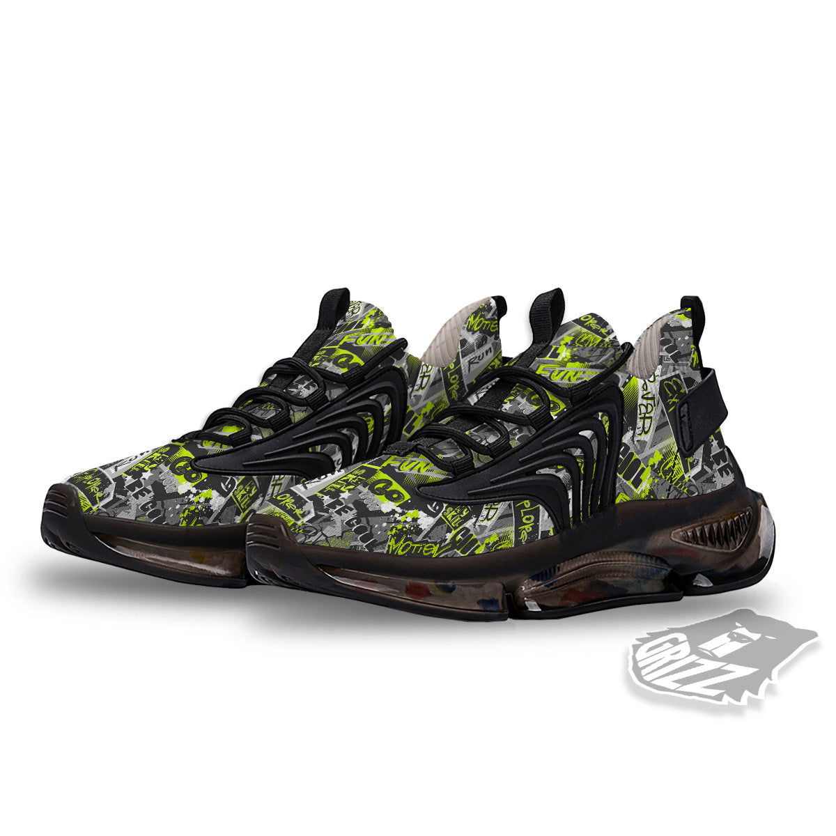 Abstract Grey And Neon Green Graffiti Print Pattern Black Gym Shoes-grizzshop