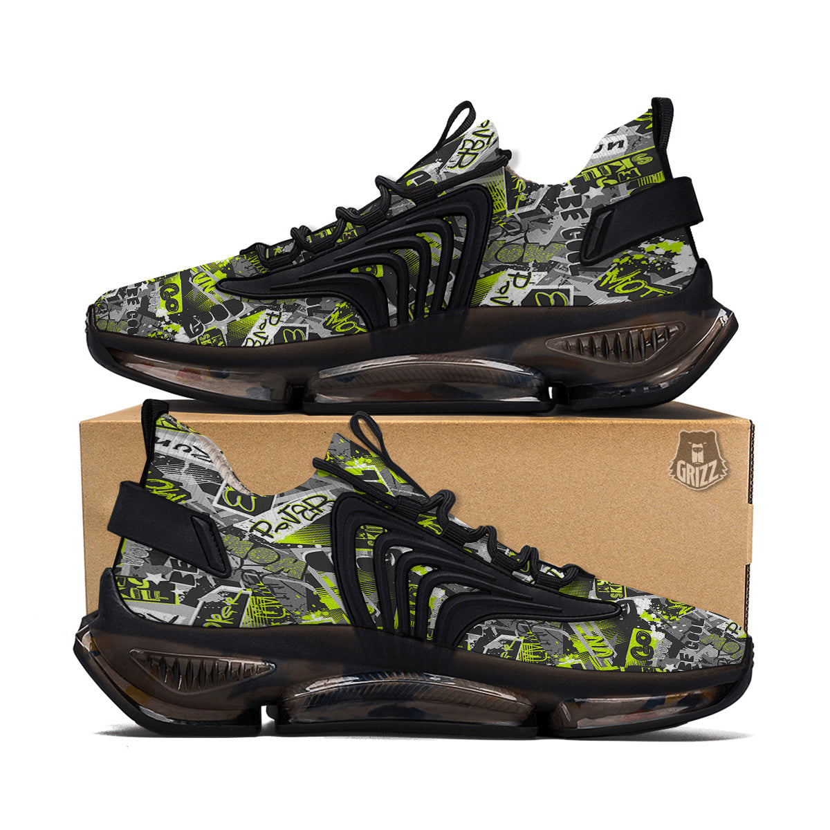 Abstract Grey And Neon Green Graffiti Print Pattern Black Gym Shoes-grizzshop
