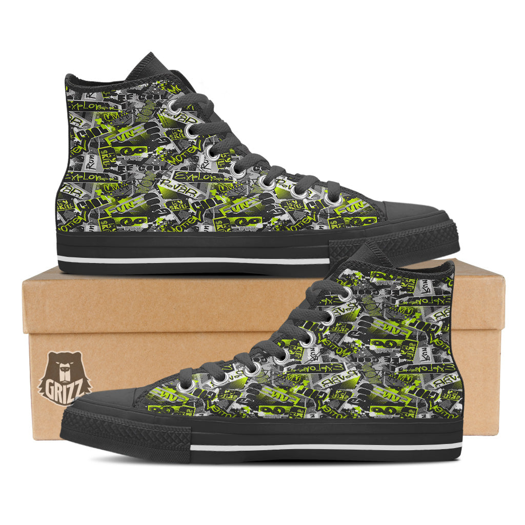 Abstract Grey And Neon Green Graffiti Print Pattern Black High Top Shoes-grizzshop