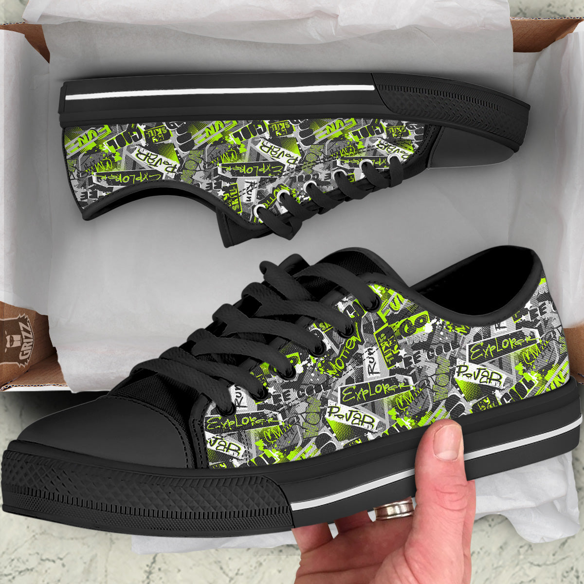 Abstract Grey And Neon Green Graffiti Print Pattern Black Low Top Shoes-grizzshop