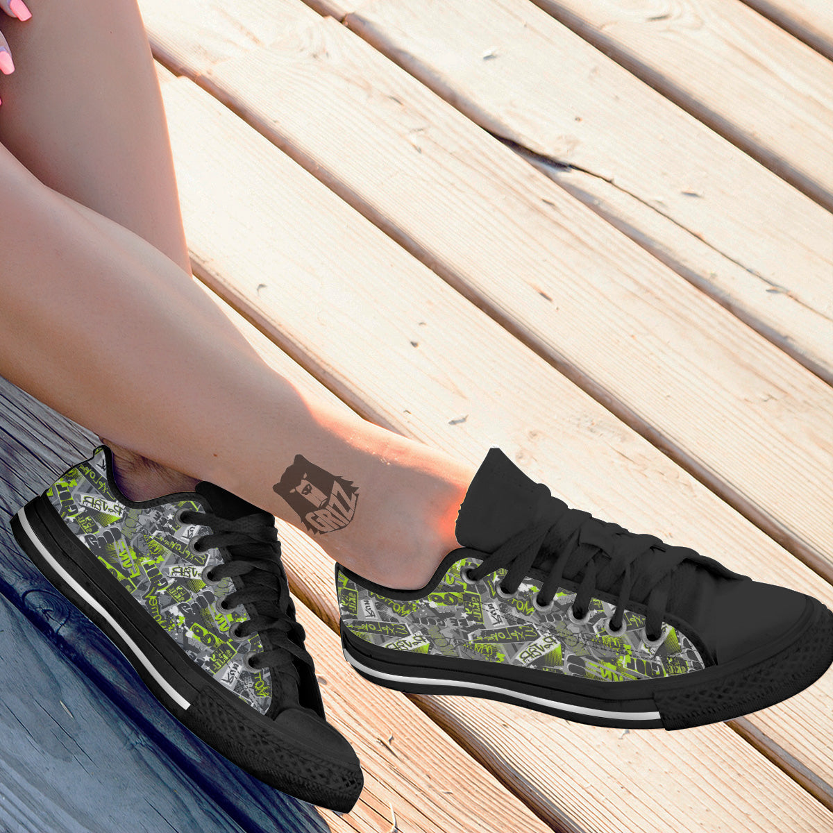 Abstract Grey And Neon Green Graffiti Print Pattern Black Low Top Shoes-grizzshop