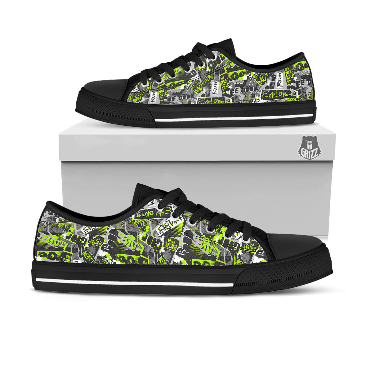 Abstract Grey And Neon Green Graffiti Print Pattern Black Low Top Shoes-grizzshop