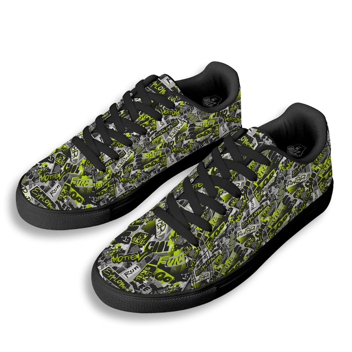 Abstract Grey And Neon Green Graffiti Print Pattern Black Low Top Sneakers-grizzshop