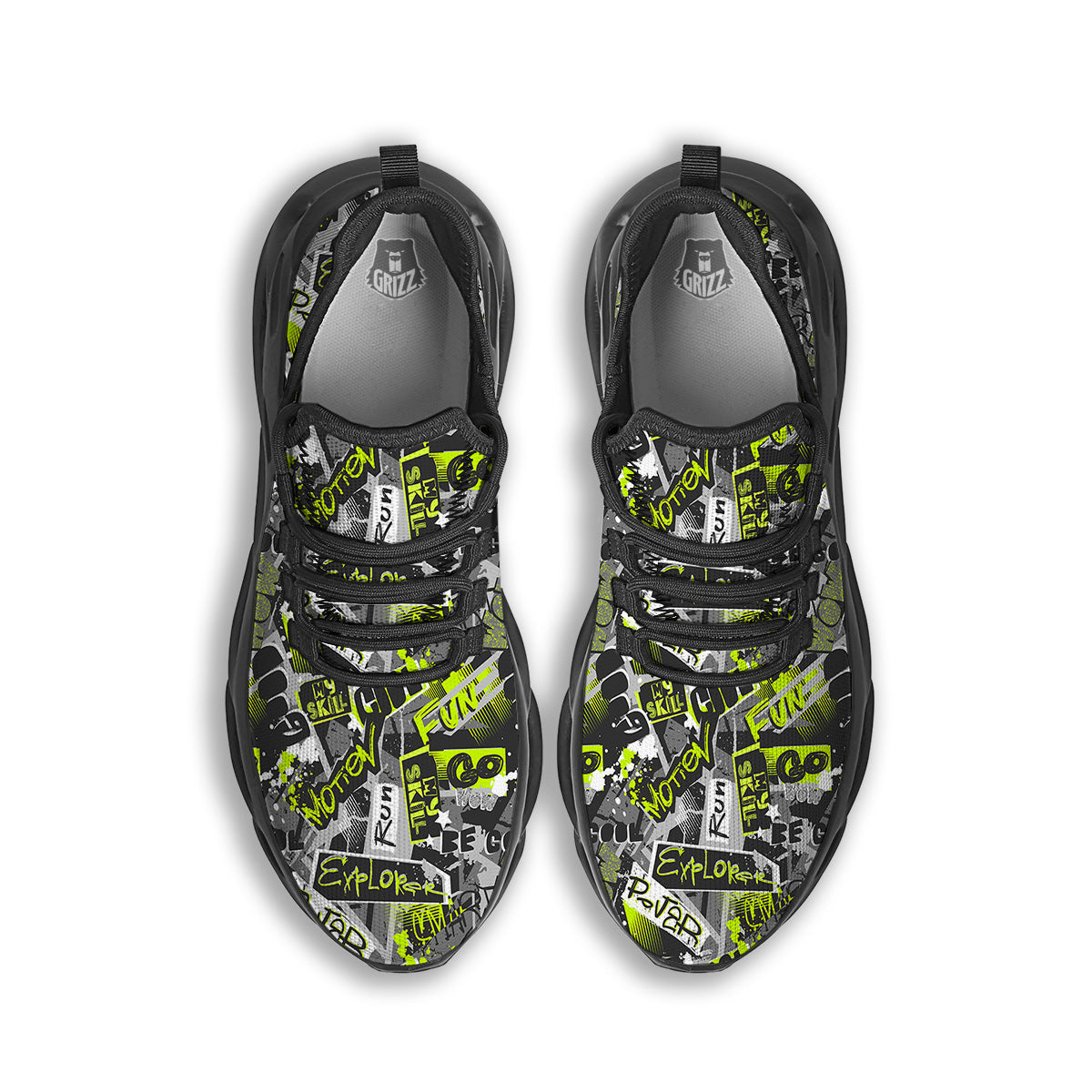 Abstract Grey And Neon Green Graffiti Print Pattern Black Running Shoes-grizzshop