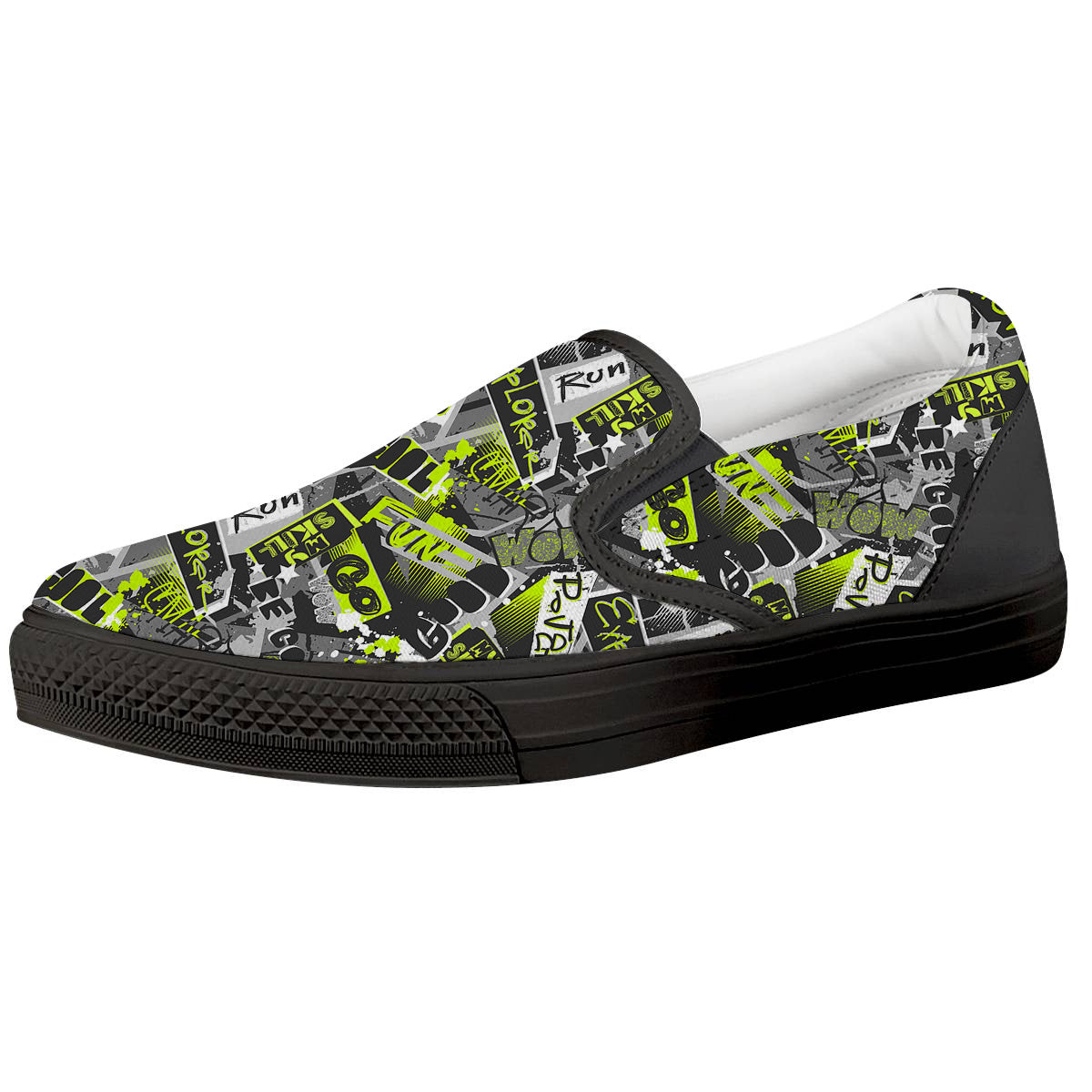 Abstract Grey And Neon Green Graffiti Print Pattern Black Slip On Shoes-grizzshop