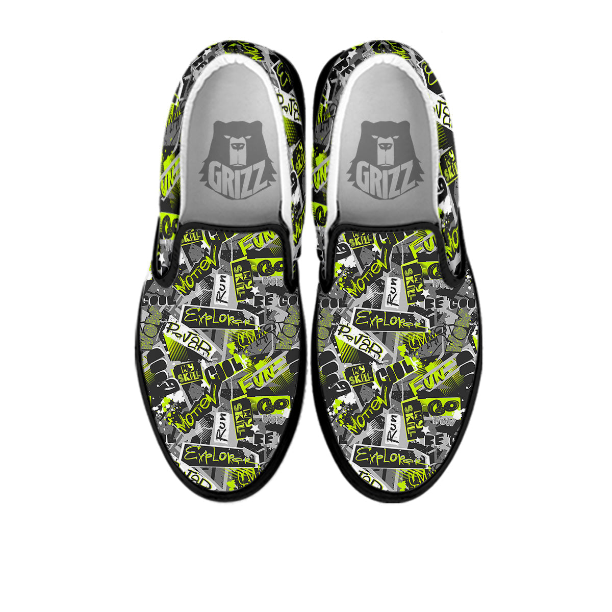 Abstract Grey And Neon Green Graffiti Print Pattern Black Slip On Shoes-grizzshop