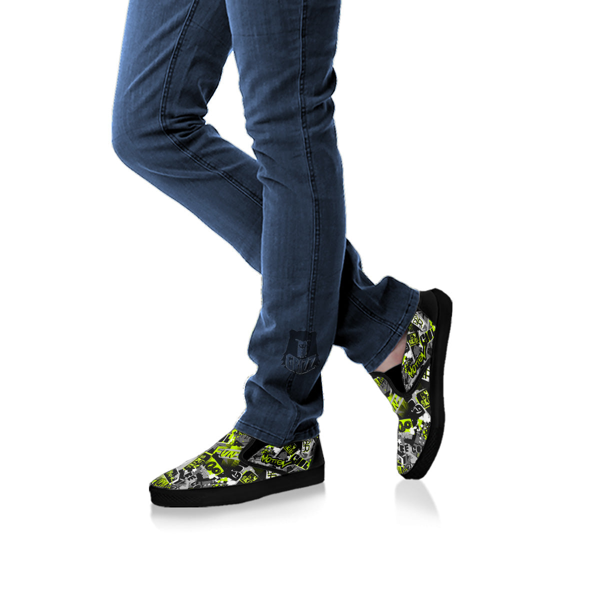 Abstract Grey And Neon Green Graffiti Print Pattern Black Slip On Shoes-grizzshop