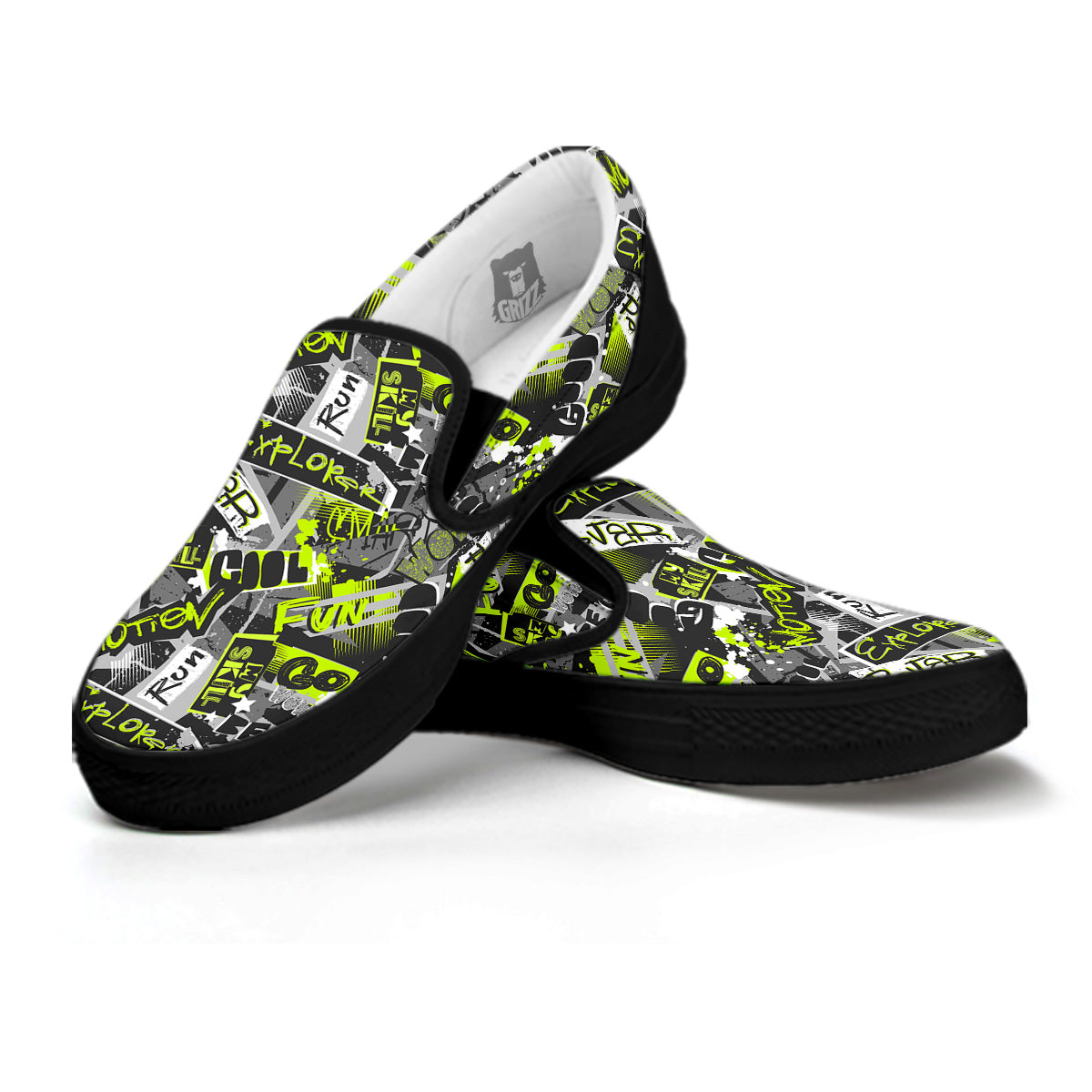 Abstract Grey And Neon Green Graffiti Print Pattern Black Slip On Shoes-grizzshop