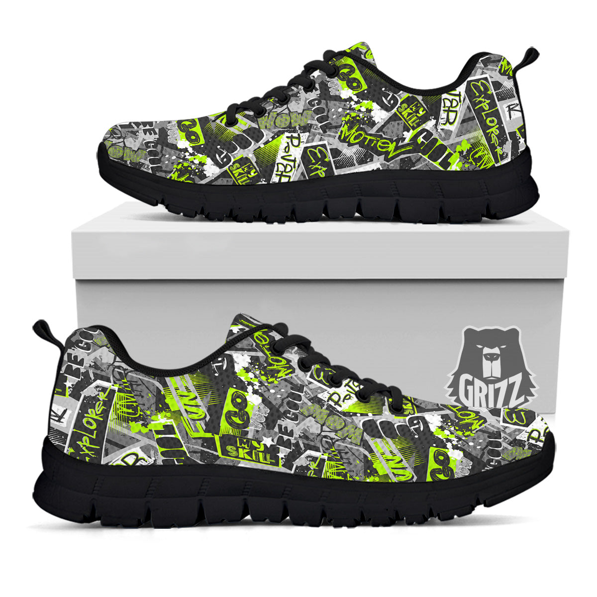 Abstract Grey And Neon Green Graffiti Print Pattern Black Sneaker-grizzshop