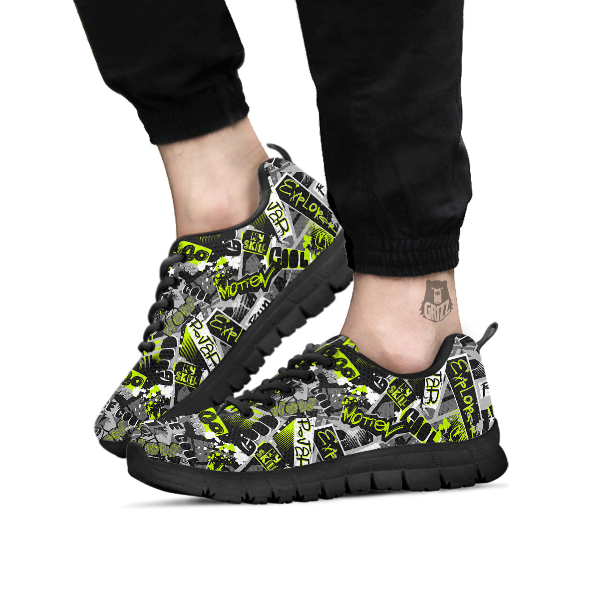 Abstract Grey And Neon Green Graffiti Print Pattern Black Sneaker-grizzshop